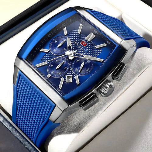 MINI FOCUS Men's Quartz Watch Multifunctional Chronograph Sports Wristwatch with Silicone Strap Luminous Hands Tonneau Dial Date