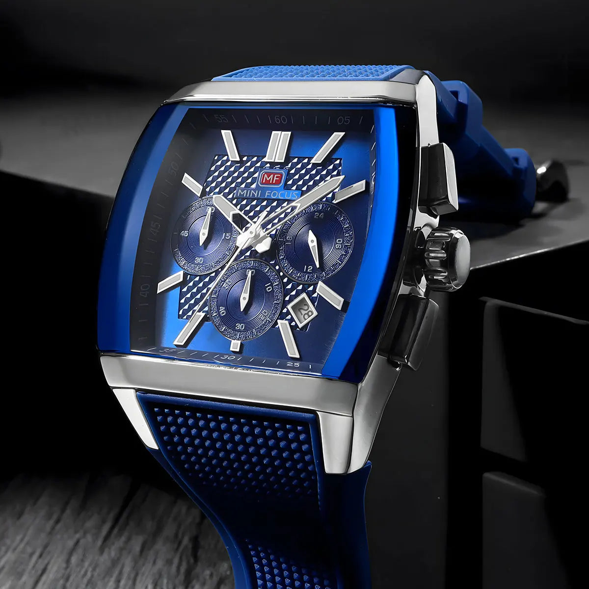 MINI FOCUS Men's Quartz Watch Multifunctional Chronograph Sports Wristwatch with Silicone Strap Luminous Hands Tonneau Dial Date