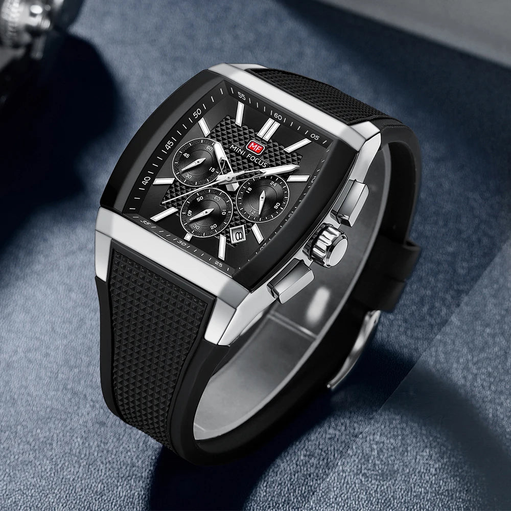 MINI FOCUS Men's Quartz Watch Multifunctional Chronograph Sports Wristwatch with Silicone Strap Luminous Hands Tonneau Dial Date