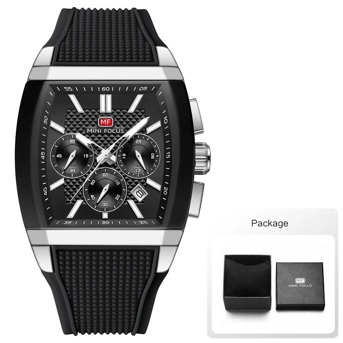 MINI FOCUS Men's Quartz Watch Multifunctional Chronograph Sports Wristwatch with Silicone Strap Luminous Hands Tonneau Dial Date