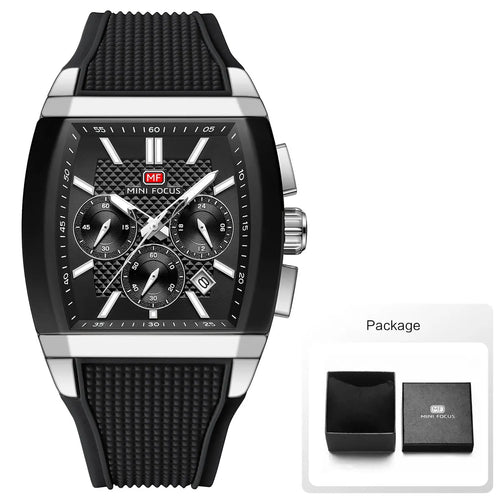 MINI FOCUS Men's Quartz Watch Multifunctional Chronograph Sports Wristwatch with Silicone Strap Luminous Hands Tonneau Dial Date
