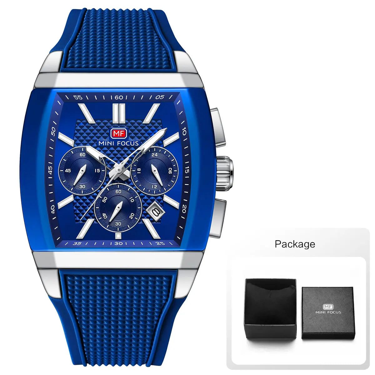 MINI FOCUS Men's Quartz Watch Multifunctional Chronograph Sports Wristwatch with Silicone Strap Luminous Hands Tonneau Dial Date